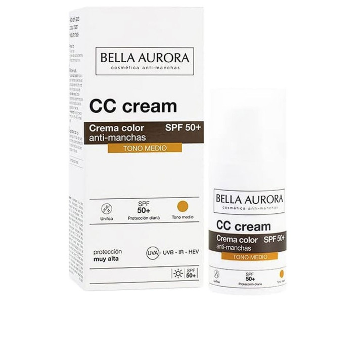 CC Cream anti-rid cu efect de corectare instantanee, Bella Aurora CC Cream SPF50+, tono medio, 30 ml