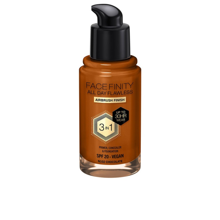 Fond de ten 3 in 1 cu finisaj mat si acoperire completa Max Factor FACEFINITY ALL DAY FLAWLESS 3 IN 1 N102 chocolate 30 ml